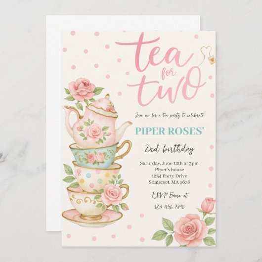 ピンクフローラティー2種誕生日招待状 招待状 (正面/裏面)