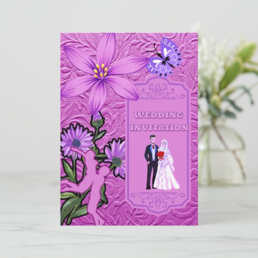 ピンクフローラテクスチャイスラム結婚式招待状 招待状 (スタンド正面)