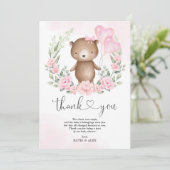 ピンクフローラテディベアバルーンベビーガールシャワー サンキューカード (スタンド正面)