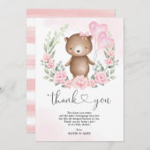 ピンクフローラテディベアバルーンベビーガールシャワー サンキューカード (正面/裏面)
