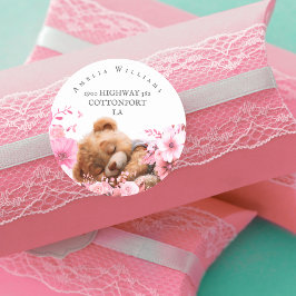 ピンクフローラテディベア差出人住所ラベル ラウンドシール