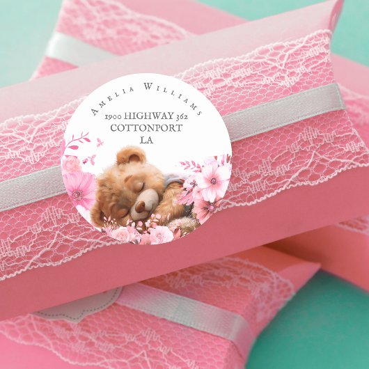ピンクフローラテディベア差出人住所ラベル ラウンドシール
