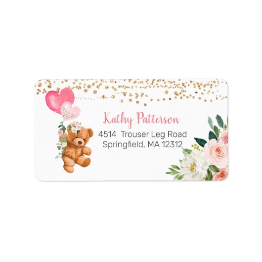 ピンクフローラテディベア差出人住所ラベル ラベル (正面)