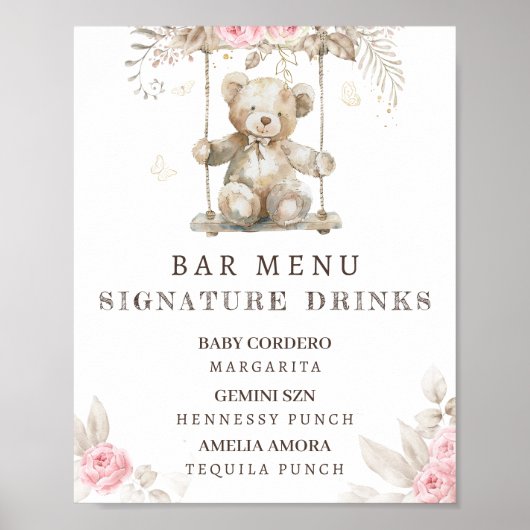 ピンクフローラテディベア赤ちゃんシャワーバーメニュー ポスター (正面)
