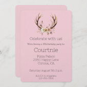 ピンクフローラディア〔雄ジカの〕枝角ウェスタン女性のカーボーイ誕生日 招待状 (正面/裏面)