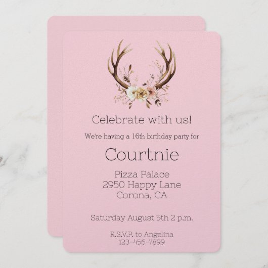 ピンクフローラディア〔雄ジカの〕枝角ウェスタン女性のカーボーイ誕生日 招待状 (正面/裏面)