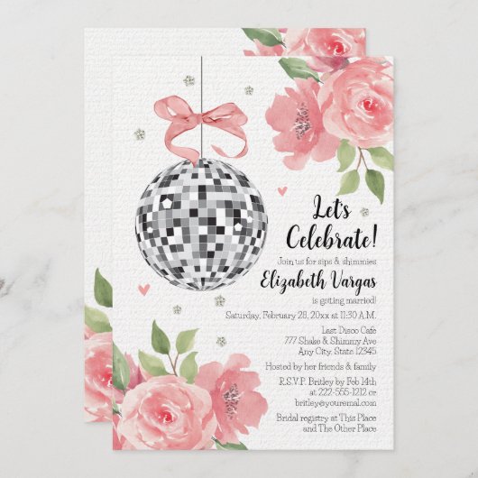 ピンクフローラディスコをテーマにしたブライダルシャワーの招待状 招待状 (正面/裏面)