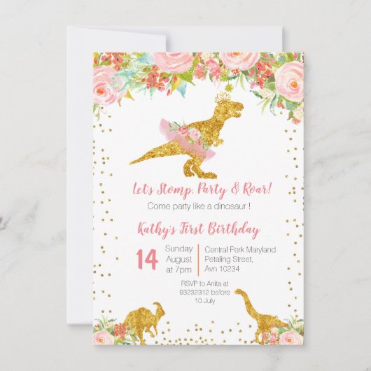 ピンクフローラディノトレックス誕生日招待状 招待状 (正面)