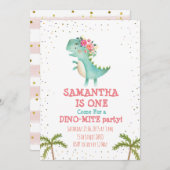 ピンクフローラディノファーストバースデーパーティ招待状 招待状 (正面/裏面)