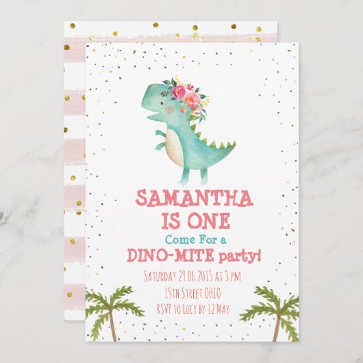 ピンクフローラディノファーストバースデーパーティ招待状 招待状 (正面/裏面)