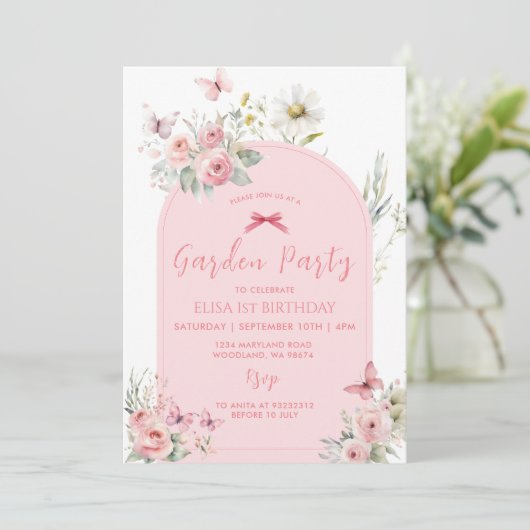 ピンクフローラデイジーバタフライガーデンパーティー 招待状 (スタンド正面)