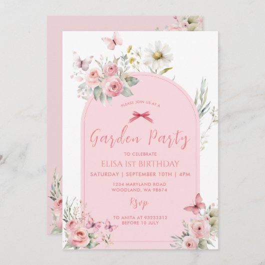 ピンクフローラデイジーバタフライガーデンパーティー 招待状 (正面/裏面)