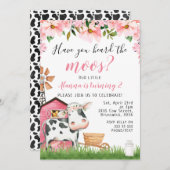 ピンクフローラデイジーヒアザムーズカウ誕生日 招待状 (正面/裏面)