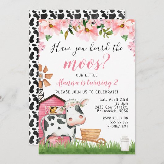 ピンクフローラデイジーヒアザムーズカウ誕生日 招待状 (正面/裏面)