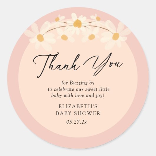 ピンクフローラデイジービーズベビーシャワーありがとう ラウンドシール (正面)