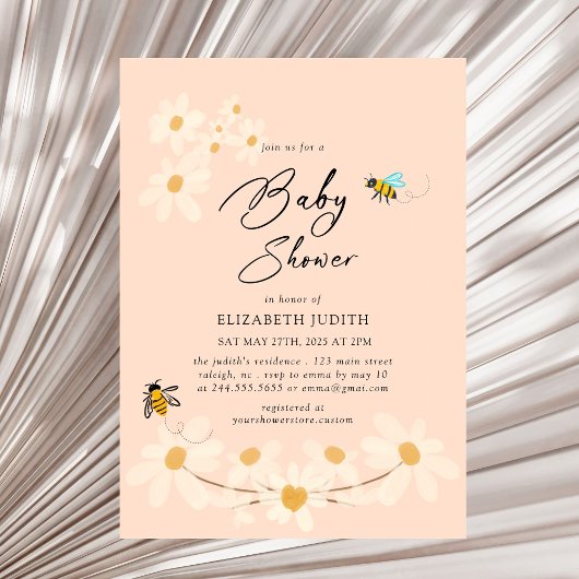ピンクフローラデイジービーズベビーシャワー招待状 招待状