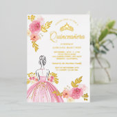 ピンクフローラドレスプリンセスキンセアニェラ金ゴールド 箔招待状 (立ち正面)