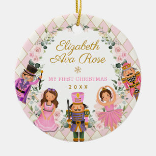 ピンクフローラナツクラッカーベビー第1初めてのクリスマスCe セラミックオーナメント