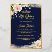 ピンクフローラネイビーキンセアニェラ誕生日 箔招待状 (正面)