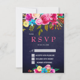 ピンクフローラネイビーブルーシャルボードRSVPカード 出欠カード