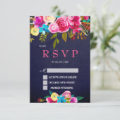 ピンクフローラネイビーブルーシャルボードRSVPカード 出欠カード (スタンド正面)