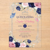 ピンクフローラネイビーブルーバタフライシルバーキンセアニラ アクリル招待状 (正面)