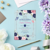 ピンクフローラネイビーブルーバタフライシルバーキンセアニラ アクリル招待状 (インサイチュ (ウェディング))