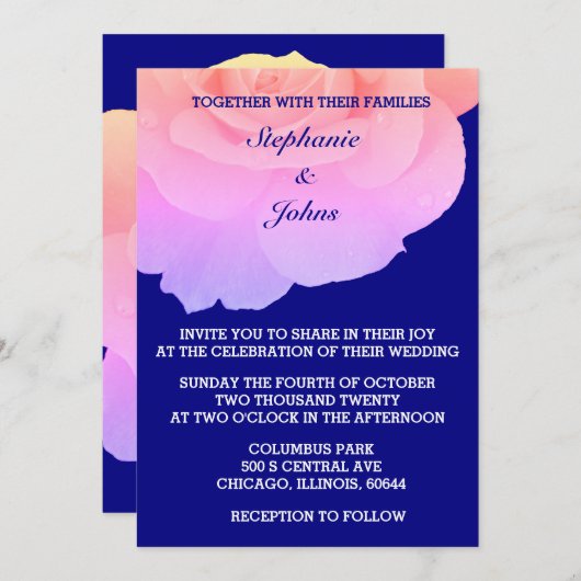 ピンクフローラネイビーブルーホワイトローズ結婚フラワーズ 招待状 (正面/裏面)