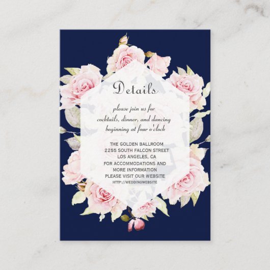 ピンクフローラネイビーブルー幾何結婚詳細 エンクロージャーカード (正面)