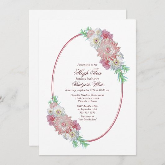 ピンクフローラハイティーブライダルシャワー 招待状 (正面/裏面)