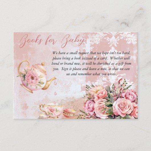 ピンクフローラハイティーベイビーシャワーブックベビー エンクロージャーカード (正面)