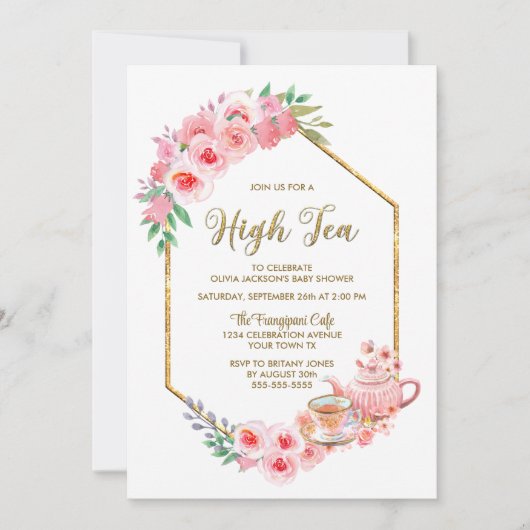 ピンクフローラハイティーベイビーシャワー 招待状 (正面)