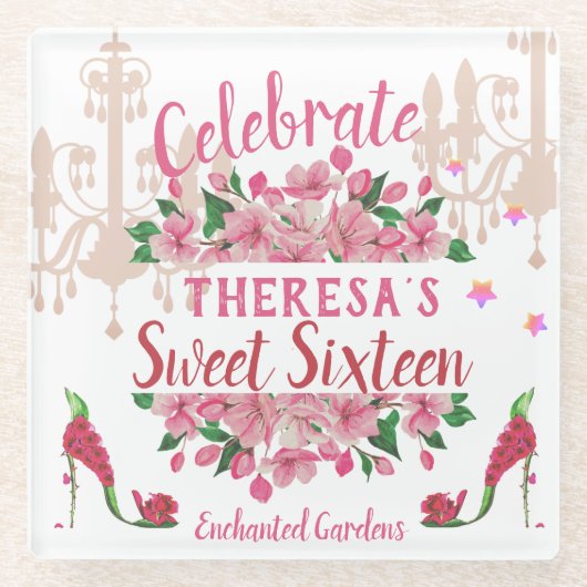 ピンクフローラハイヒールシューズカスタムパーティー&ネームアル ガラスコースター (正面)