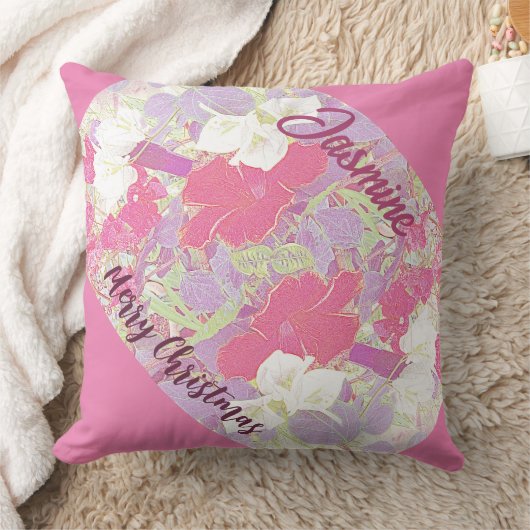 ピンクフローラハイビスカスメリークリスマスガーデンキュート クッション (ブランケット)