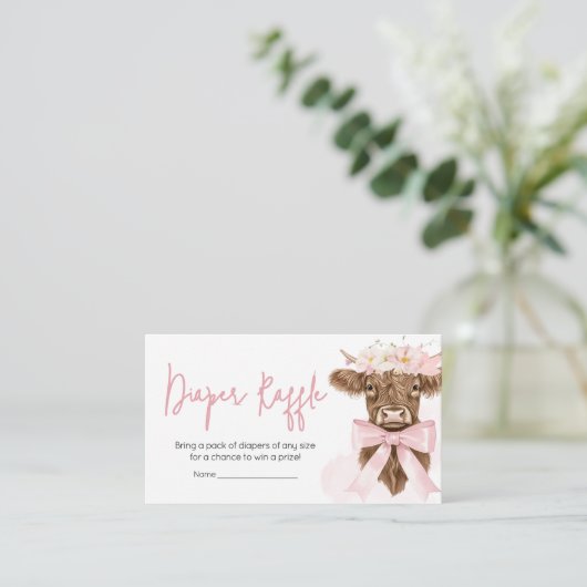 ピンクフローラハイランド牛の赤ちゃんシャワーおむつラッフル エンクロージャーカード (スタンド正面)