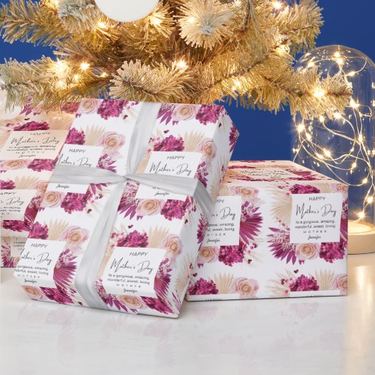 ピンクフローラハッピーマザーの日ホワイトバックグラウンド ラッピングペーパー (クリスマス)