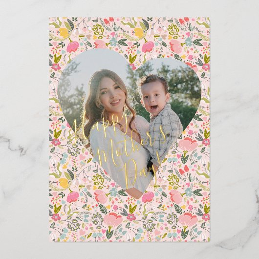 ピンクフローラハッピーマザーズデイカスタムフォト金ゴールド 箔シーズンカード (正面)