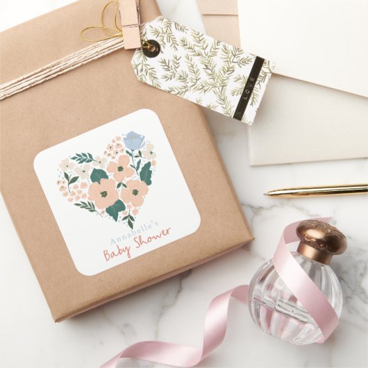 ピンクフローラハートガールベビーシャワー スクエアシール (ギフト)