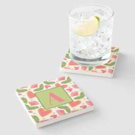 ピンクフローラハートパターかわいらしンカスタムイニシャル ストーンコースター