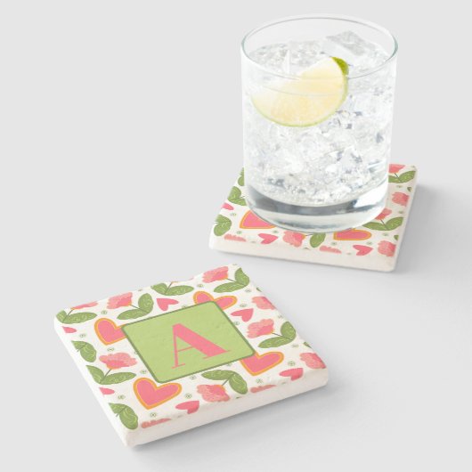 ピンクフローラハートパターかわいらしンカスタムイニシャル ストーンコースター (横)