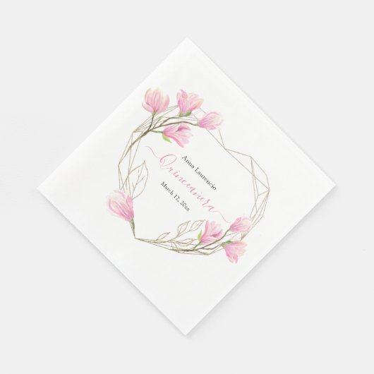 ピンクフローラハートフレームカスタムキンセアニェラ スタンダードランチョンナプキン (角)