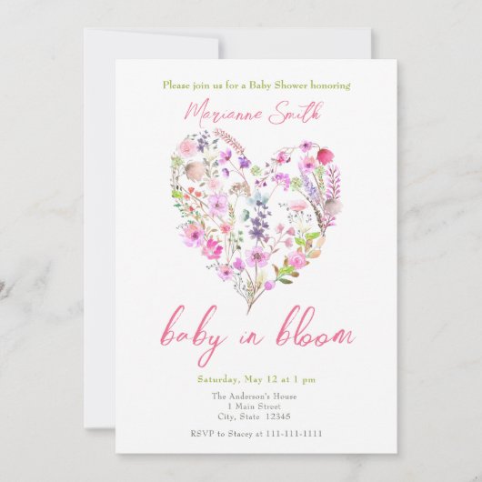 ピンクフローラハートベビーイン開花ベビーシャワー 招待状 (正面)