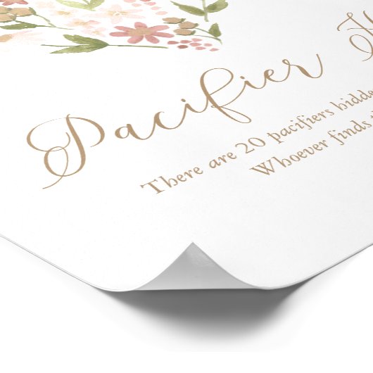 ピンクフローラハートベビーシャワーおしゃぶり狩り標識 ポスター (角)