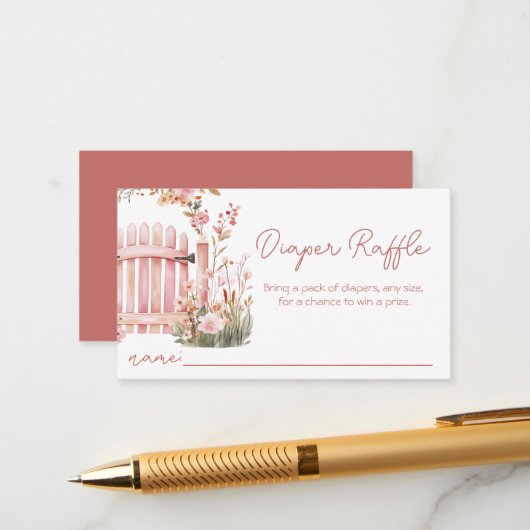 ピンクフローラバウ女の子ベビシャワーおむつラッフル エンクロージャーカード (正面/裏面インサイチュ)