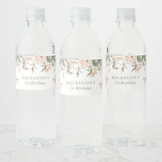 ピンクフローラバタフライガールバースデーパーティー ペットボトルラベル (ボトル)