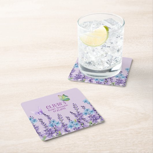 ピンクフローラバタフライガールベビーシャワーへようこそ スクエアペーパーコースター (インサイチュ)