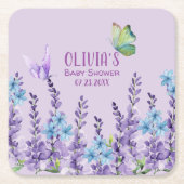 ピンクフローラバタフライガールベビーシャワーへようこそ スクエアペーパーコースター (正面)
