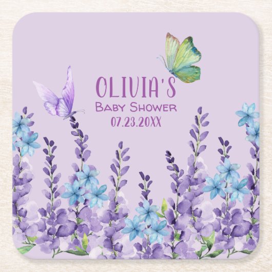 ピンクフローラバタフライガールベビーシャワーへようこそ スクエアペーパーコースター (正面)