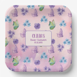 ピンクフローラバタフライガールベビーシャワーへようこそ ペーパープレート