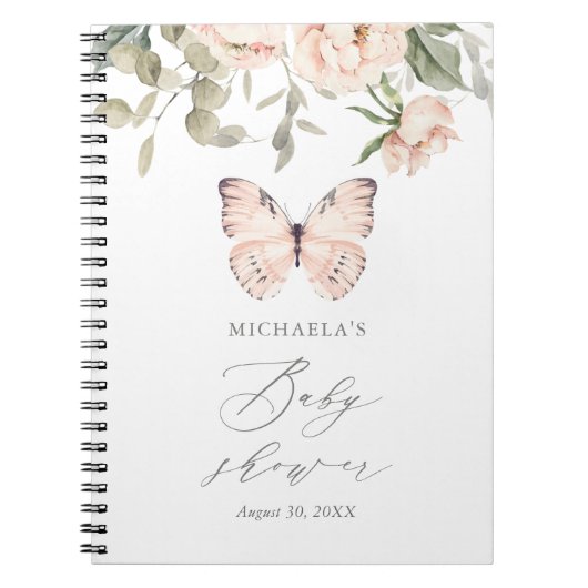 ピンクフローラバタフライガールベビーシャワーゲストブック ノートブック (正面)